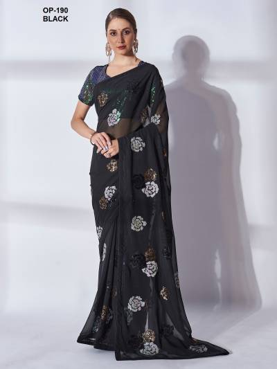 D.NO. OP 190 BLACK BY LAXMINAM GEORGETTE SAREE MANUFACTURER IN INDIA